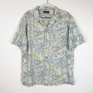 Columbia Shirt Mens Casual Button Down Hawaiian Tropical Print Ivory Blue Large